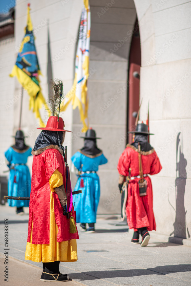 Change of Korean royal guards ceremony in historical Joseon costumes in Gyeongbokgung palace in Seoul South Korea