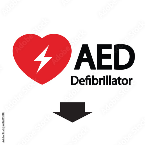 AED,automated external defibrillator / aed sign with heart and electricity symbol flat vector icon