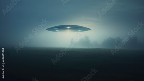 Hovering above a nocturnal field  a UFO captured in a style of a random observer s perspective.