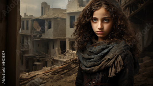 Ein Kind in einem vom Krieg zerstörten Viertel photo