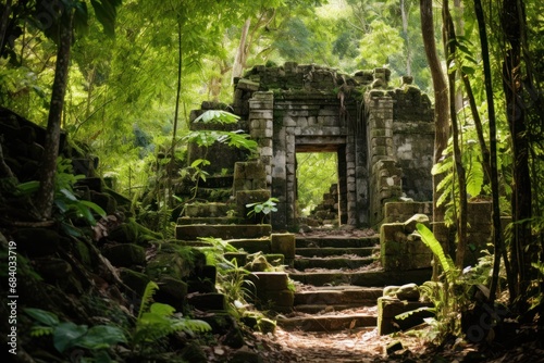 a stone building with stairs in the middle of a forest