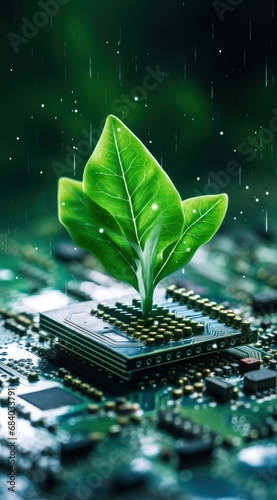 a green plant growing on a computer chip
