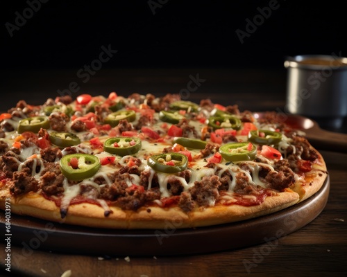 a pizza with jalapenos and cheese on a plate