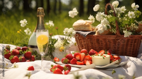 A picturesque picnic spread on a grassy meadow, showcasing a basket filled with champagne, strawberries, and love notes.