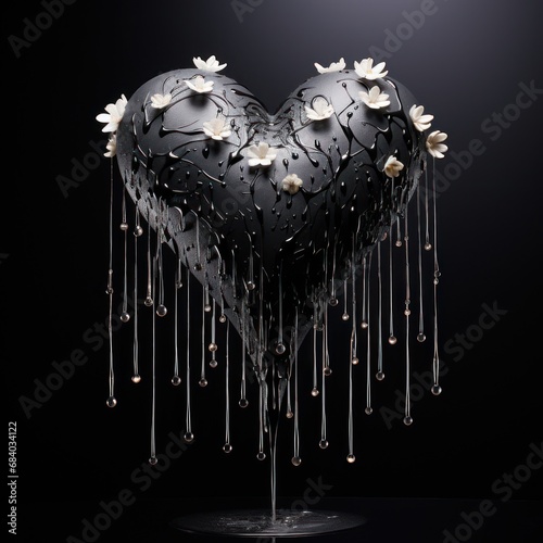 a black heart with white flowers and dripping drops