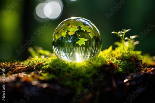 a glass ball with a leaf reflection on it