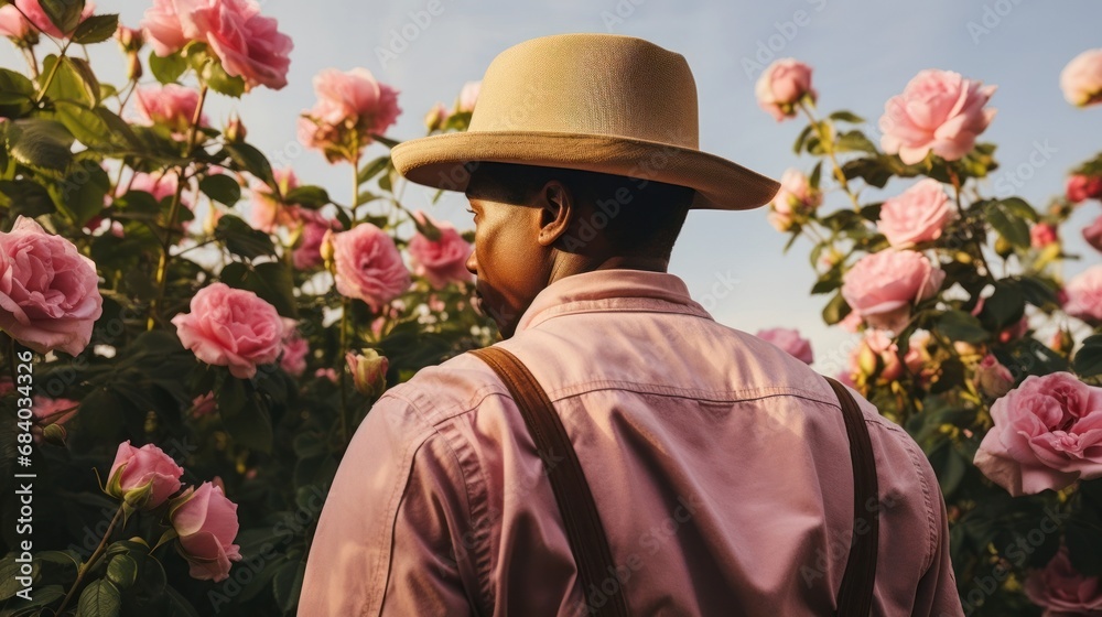 a man wearing a hat and looking at flowers