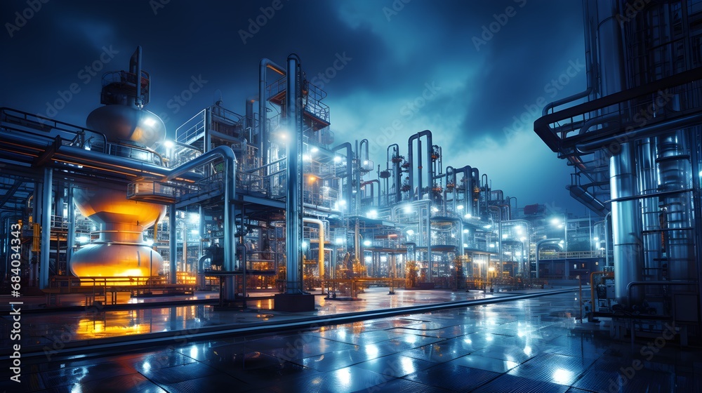 Chemical synthesis, wide-angle shot of an industrial setting where ...