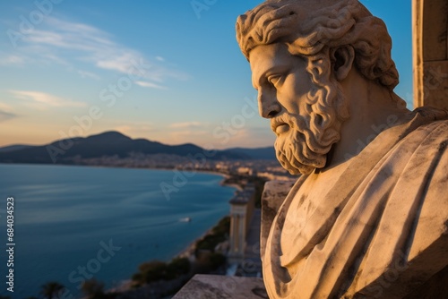 a statue of a bearded man with a body of water in the background