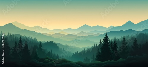 a landscape of a forest and mountains photo