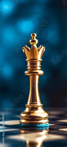 golden king chess piece on a dark blue background, business concept photo