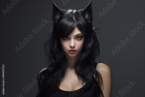 a woman with long black hair and cat ears