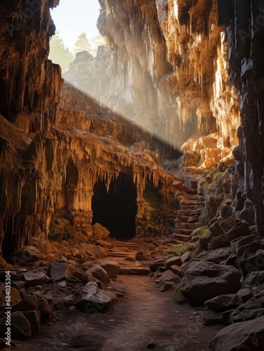a cave with a tunnel and light shining through
