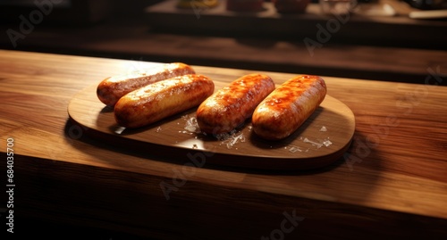 a group of sausages on a wooden board photo