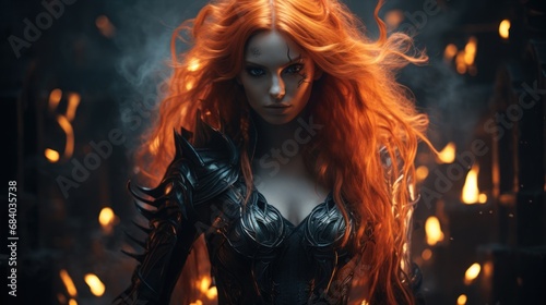 a woman with red hair and black armor