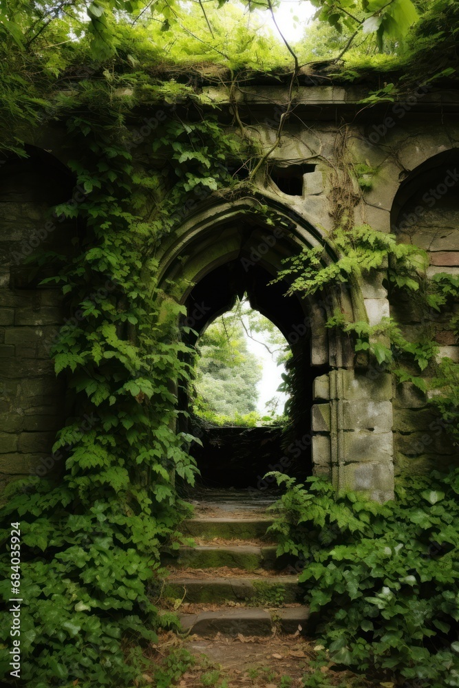 an archway with ivy growing on it