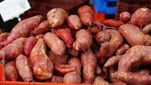 The fresh sweet potatos in the market