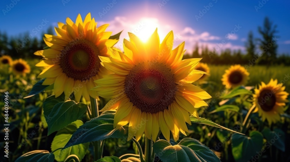 sunflowers in a field with the sun in the background