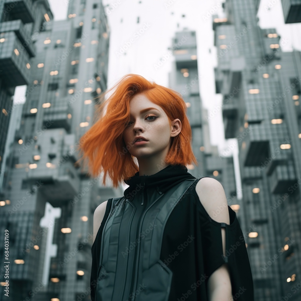 a woman with red hair in front of tall buildings a woman with red hair in front of tall buildings
