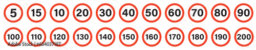 Speed limit sign icon set. 10 to 200 kmh or mph car speed limit sign set. Set of generic speed limit signs with black number and red circle. Vector illustration.