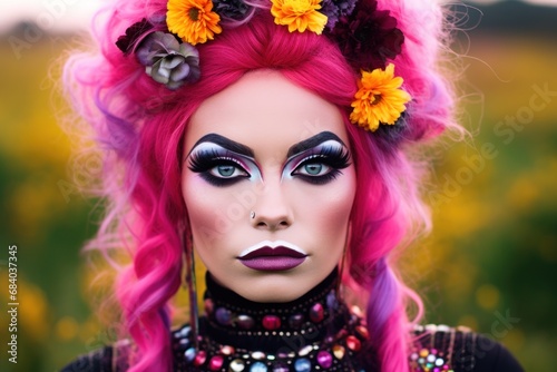 a woman with pink hair and flowers in her hair