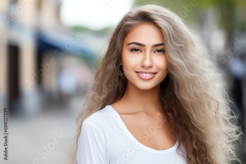 a woman with long hair smiling