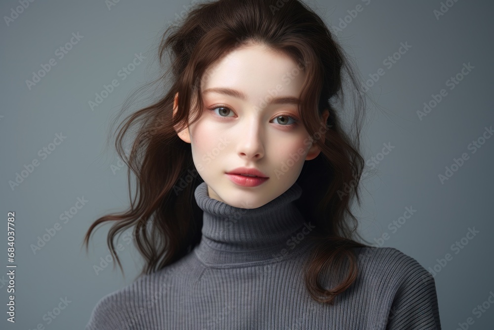 a woman with long brown hair wearing a turtleneck sweater a woman with long brown hair wearing a turtleneck sweater