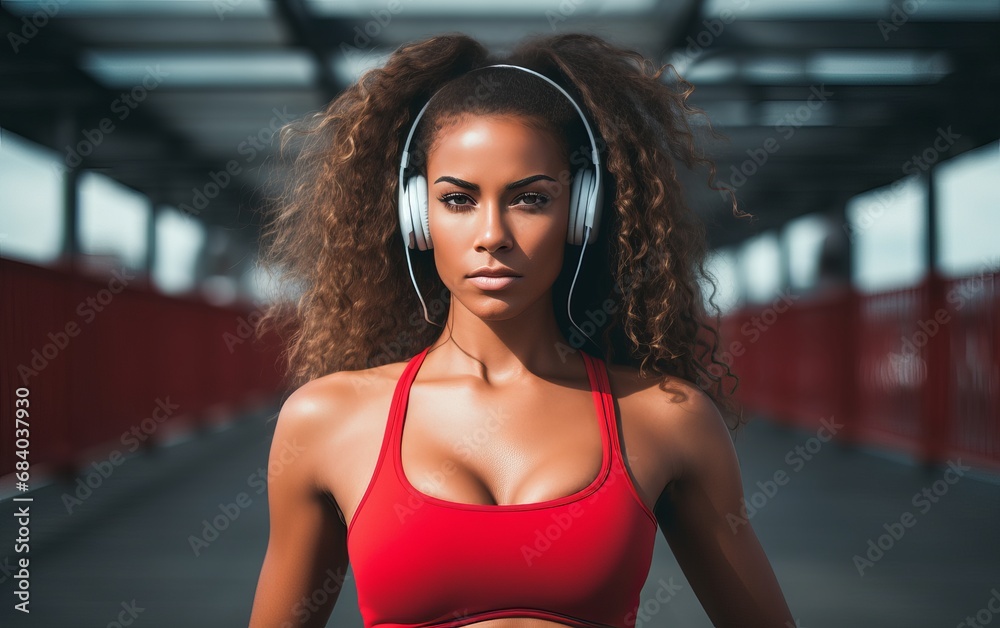 Fit African American girl with headphones jogging at the stadium. AI