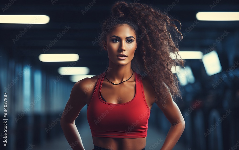 Fototapeta premium Fitness girl in red top in the gym. AI