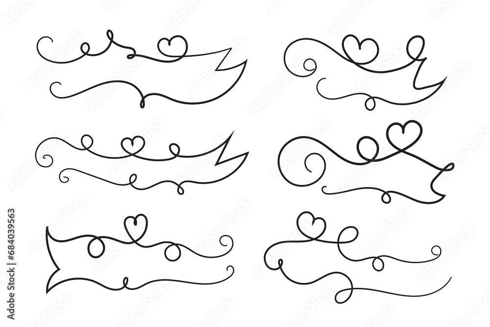 Valentine Day curly hearts style calligraphy outline ribbon, Hand drawing Calligraphic heart ribbon vector banner, Decorative hearts romantic love text banner, heart scroll Line outline ribbon