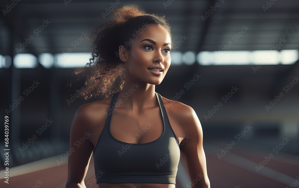 Fit African American girl jogging at the stadium. AI