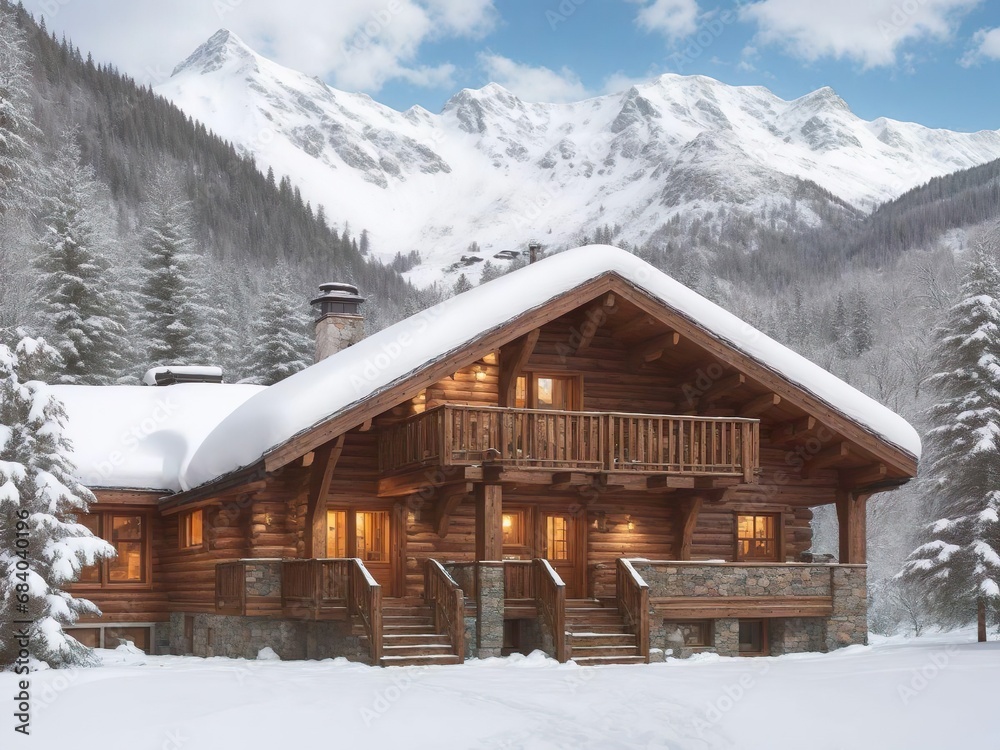 Wanderlust and travel. Bask in Mountain Bliss: Embrace Winter's Charm at a Snowy Chalet, Where Serenity Meets Alpine Adventure and Frosty Comfort Wanderlust and travel. Bask in Mountain Bliss: Embrace Winter's Charm at a Snowy Chalet, Where Serenity Meets Alpine Adventure and Frosty Comfort