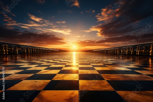 Majestic Sunset Over a Grand Checkered Floor Generative AI