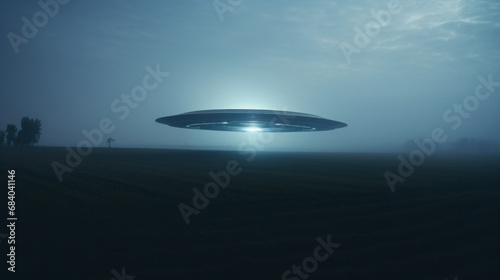 Hovering above a nocturnal field, a UFO captured in a style of a random observer's perspective.