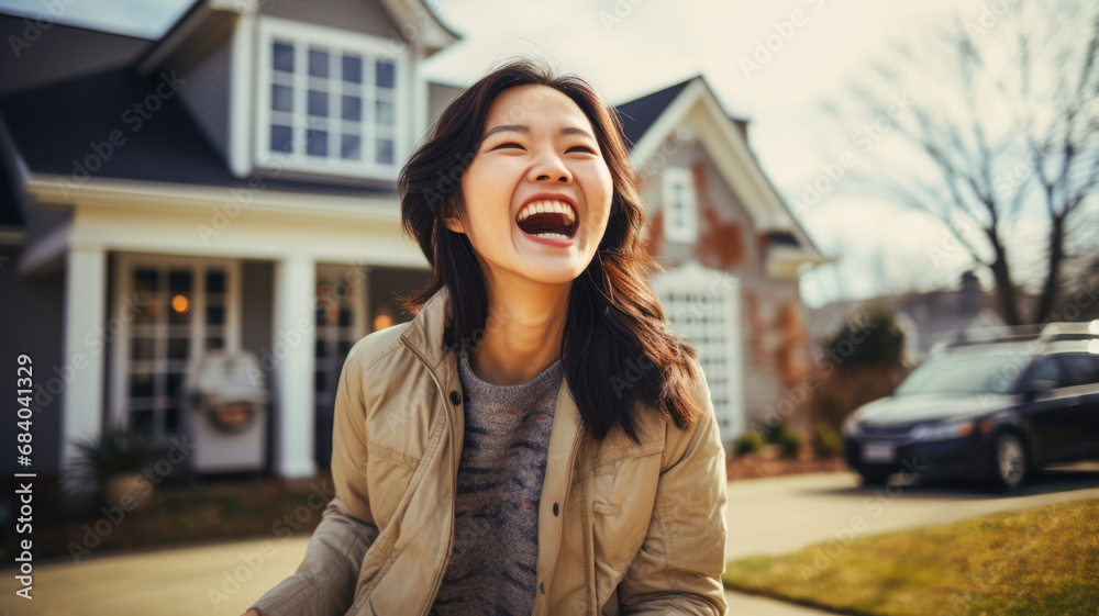 Happy Asian woman laughing in front of the new house and new future EV electric car at the front yard background. Business investment and award of success concept. - obrazy, fototapety, plakaty 