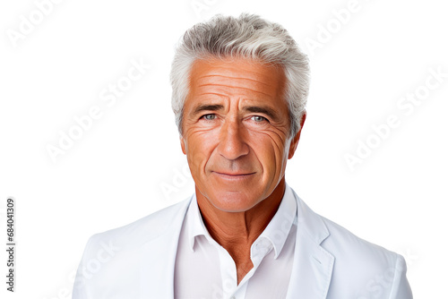 Portrait studio shot of an attractive senior businessman showing positive facial expressions, isolated on a transparent PNG background.