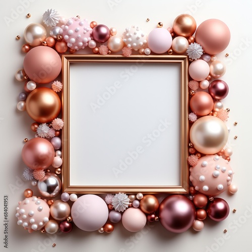 Frame pink rosegold balloon decor on white background. Valentine's day-wedding. advertisement. template. product presentation. copy text space.