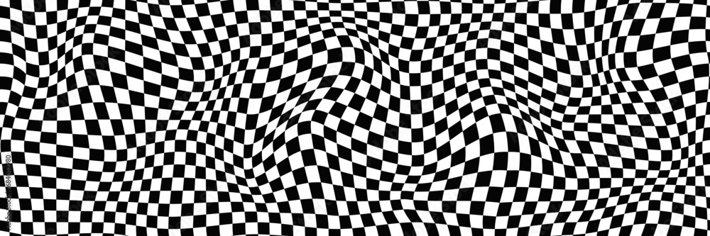 Distorted vector checkered seamless pattern. Groovy twisted grid. Psychedelic dynamic banner background. Retro 70s trippy hippie wavy aesthetic chess backdrop in black and white racing flag colors - obrazy, fototapety, plakaty 