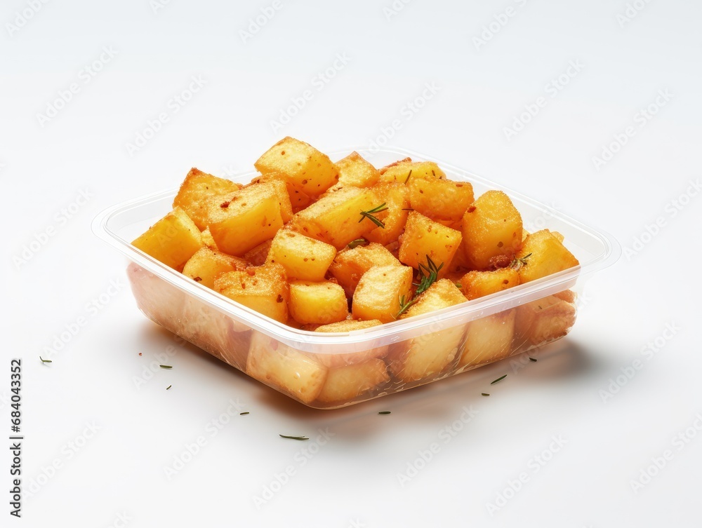 Golden potato chunks in a disposable white container, perfectly fried to a golden hue with a soft, fluffy interior. Ideal for fast food and snack themes, illustrating delicious, quick comfort food Golden potato chunks in a disposable white container, perfectly fried to a golden hue with a soft, fluffy interior. Ideal for fast food and snack themes, illustrating delicious, quick comfort food