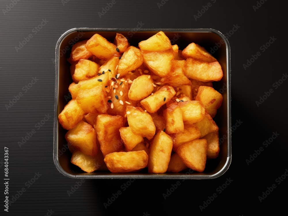 Golden potato chunks in a disposable white container, perfectly fried to a golden hue with a soft, fluffy interior. Ideal for fast food and snack themes, illustrating delicious, quick comfort food Golden potato chunks in a disposable white container, perfectly fried to a golden hue with a soft, fluffy interior. Ideal for fast food and snack themes, illustrating delicious, quick comfort food