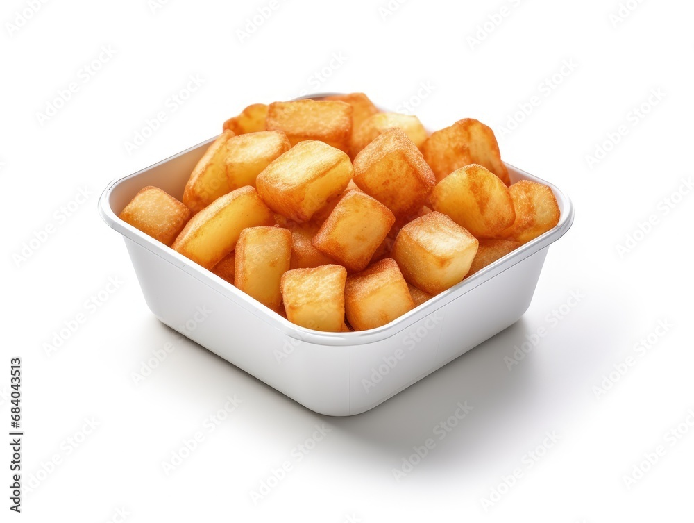 Golden potato chunks in a disposable white container, perfectly fried to a golden hue with a soft, fluffy interior. Ideal for fast food and snack themes, illustrating delicious, quick comfort food