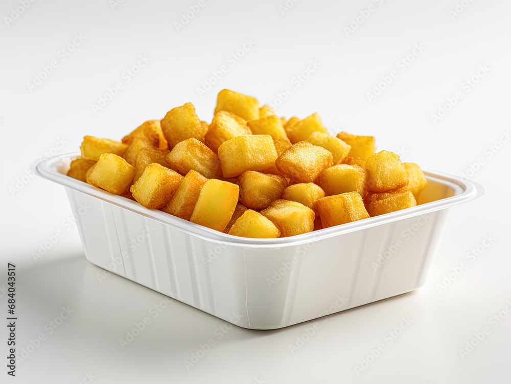Golden potato chunks in a disposable white container, perfectly fried to a golden hue with a soft, fluffy interior. Ideal for fast food and snack themes, illustrating delicious, quick comfort food Golden potato chunks in a disposable white container, perfectly fried to a golden hue with a soft, fluffy interior. Ideal for fast food and snack themes, illustrating delicious, quick comfort food