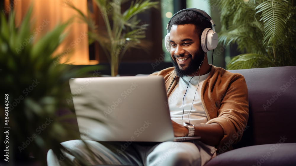 Young smiling afro male working on laptop. Man wearing headphones for listen music and sitting puffs. - obrazy, fototapety, plakaty 