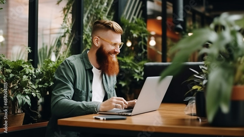 Red hair man with beard, sitting with laptop on green cafe.