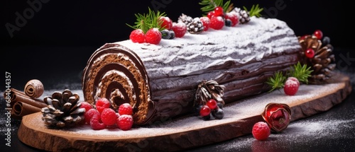 Christmas chocolate yule log cake decorated with berries and festive ornaments. Seasonal dessert and tradition.