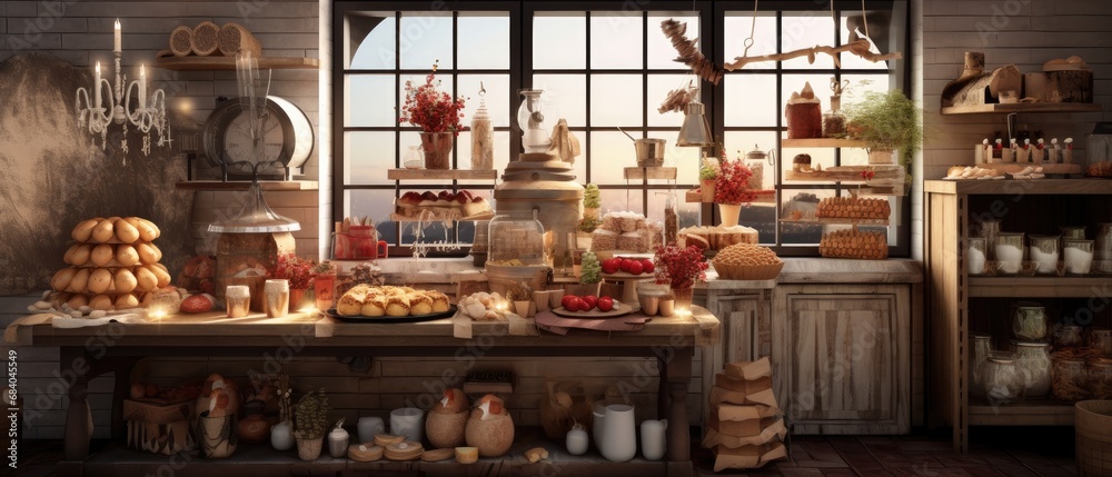 Rustic bakery interior with fresh pastries and cozy decor. Artisan bread and desserts.