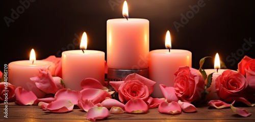 Romantic candles flickering amidst rose petals on an isolated background.