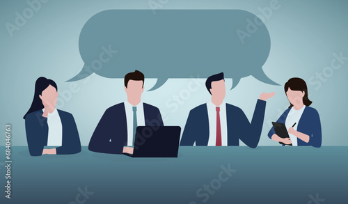 Diverse people meeting in office conference room. Concept of communication in team. Vector flat illustration of men and women company workers talk and discuss together. photo