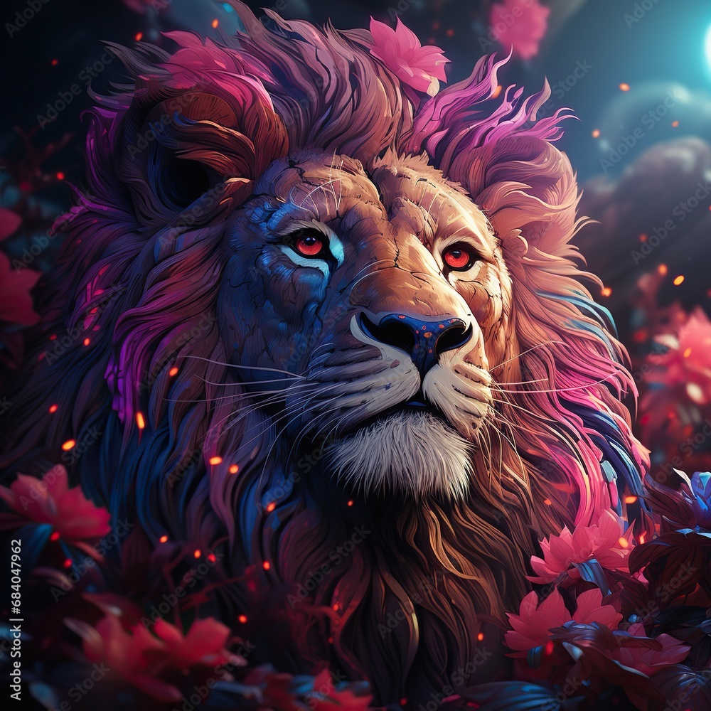 A closeup of lion head. with neon lights red eyes wallpaper concept. Generative AI