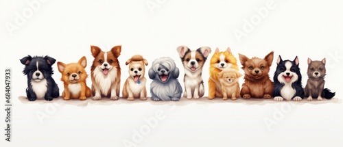 Assortment of adorable small dog breeds sitting in row. Pet diversity.